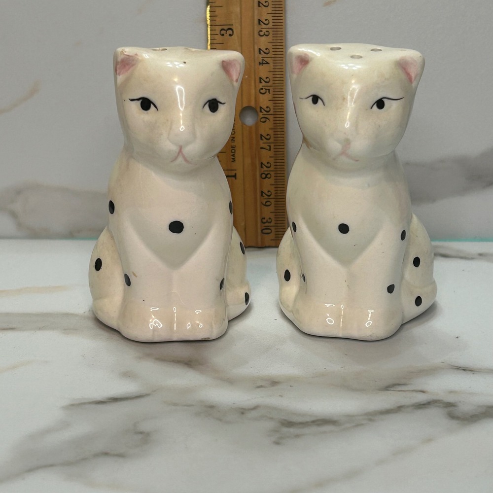 Vintage Style Ceramic Polka Dot Cat Salt and Pepper Shaker Set Cream Black Spot